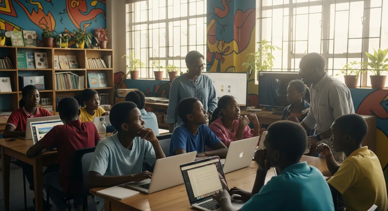 African youth using computers in a bright community center